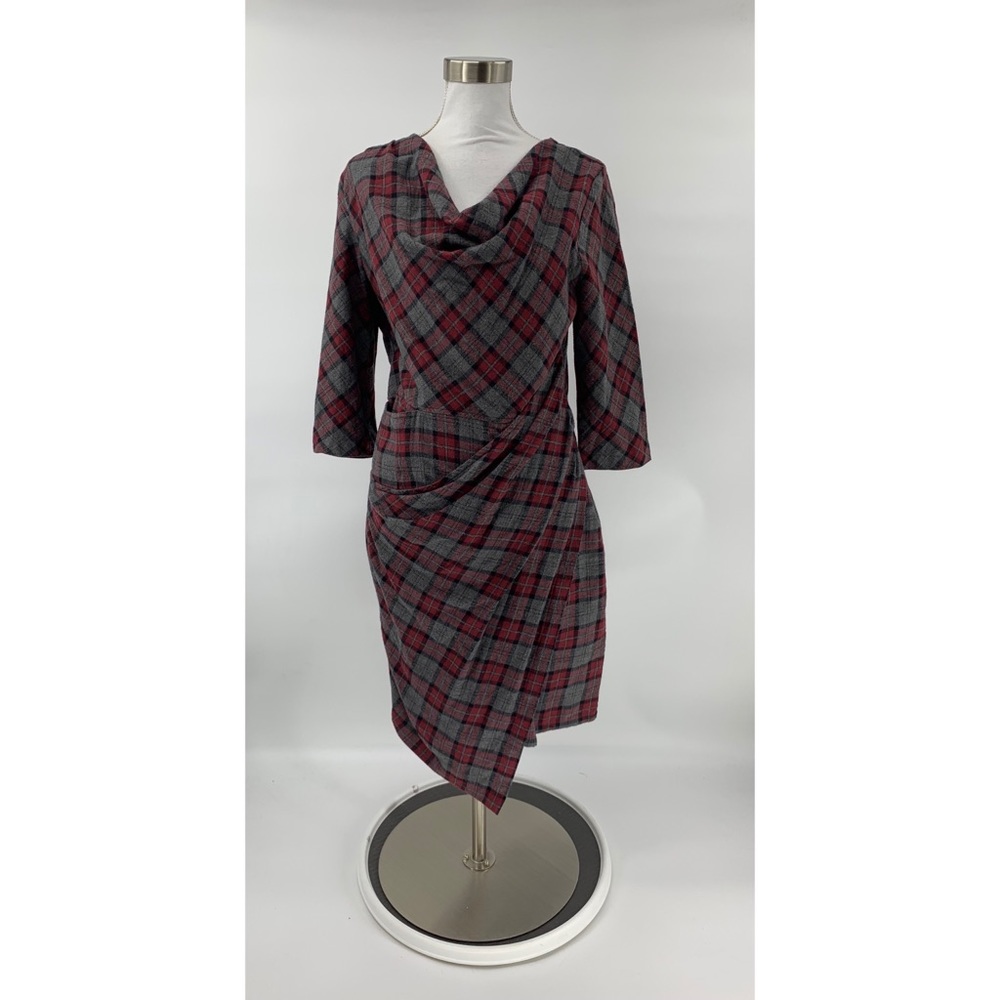 Eshakti Asymmetric Hem Cotton Plaid Sheath Dress - Picture 2 of 6